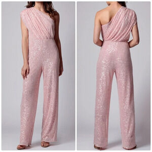 Jay Godfrey Georgia Sequin Sz 6 One Shoulder Wide Leg Pink Jumpsuit
